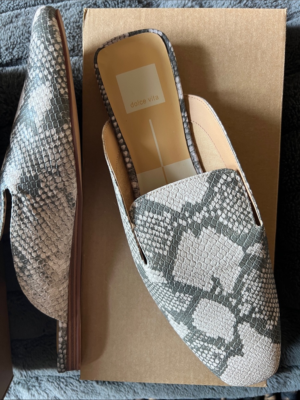 Dolce Vita Snake-Print Square Toe Mules in Gray and White - Picture 2 of 4